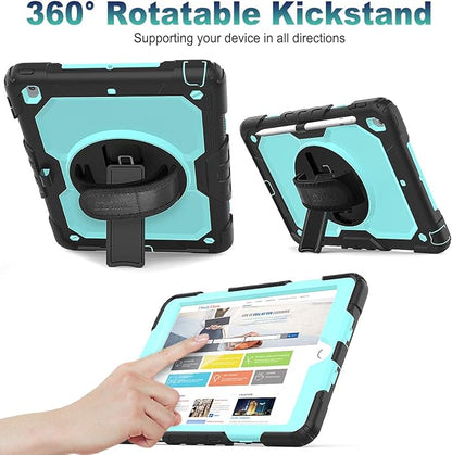 SEYMAC stock Case for iPad 9th/ 8th/ 7th Generation 10.2'', Shockproof with Screen Protector, Pencil Holder [360° Rotating Hand Strap] & Stand, for iPad 10.2 inch 2021-2019 (SkyBlue+Black)
