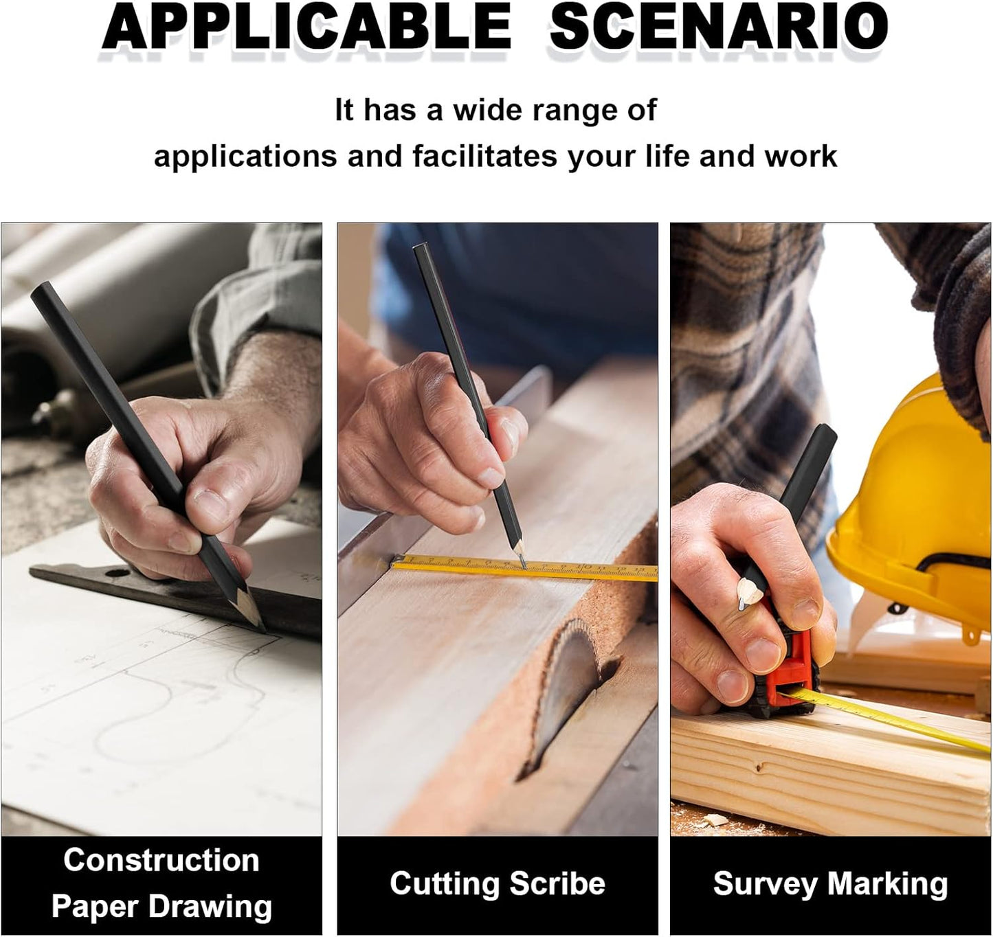 Honoson 200 Pcs Flat Construction Pencils with Printed Ruler Wood Graphite 2 Pcs Carpenter Pencil Sharpener for Woodworking Marking Tool(Black)