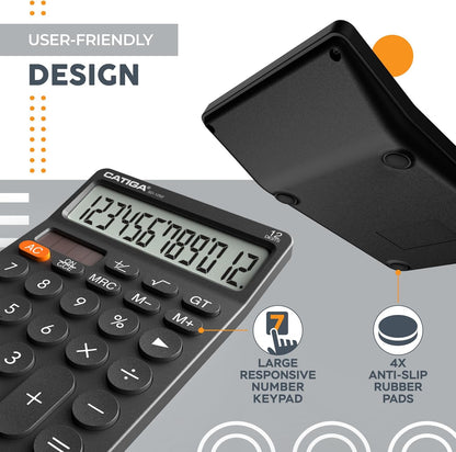 CATIGA 12 Digit Desktop Calculator with Large LCD Display, 4 Funtions Calculator, Round Design Big Button, Solar and Battery Dual Power, Standard Function for Office, Home, School, SD-1292