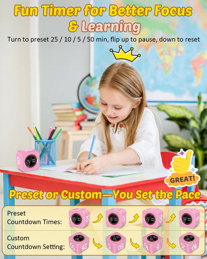 Pomodoro Timer Cube Visual Productivity Flip Timer for Kids Classroom Desk, 5/10/25/50min& Custom Countdown, Silent&Sound Mode Digital Cube for ADHD Study Work School Game Kitchen (Pink)