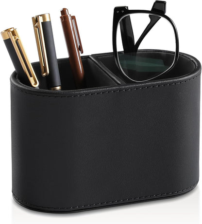 PU Leather Pen Holder for Desk, Small Remote Control Holder Pencil Cup Multifunctional Desktop Organizer Caddy for Home School Office Desk Accessories - 2 Compartments (Black)