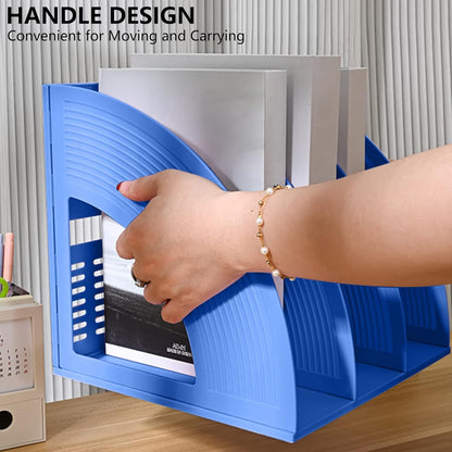 SAYEEC File Holders Folder Magazine Storage Holder Binder Stand 3 Compartment Blue Standing Files Bookshelf Organizer Magazines Divider Black Holds Documents for School Working Students