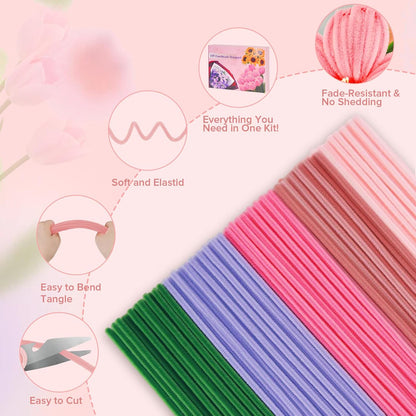 500 PCS Pipe Cleaners Craft Kit for Flower Making Lily DIY Material Bundle with 20 Stems, 100 Stamens, Ribbon, Tulle, Glue Sticks & Step-by-Step Guide Vibrant Colors, Non-Shedding, Fade-Resistant