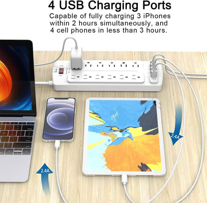 Power Strip, Tcstei Surge Protector with 12 Outlets and 4 USB Ports, 6 Feet Extension Cord (1875W/15A) for for Home, Office, Dorm Essentials, 2700 Joules, ETL Listed, (White)