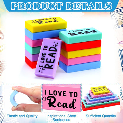 100 Pcs Inspirational Erasers for Kids Back to School Gifts I Love to Read Small Colorful Pencil Erasers for Students Classroom Cute Motivational Gift for Drawing School Office Supplies