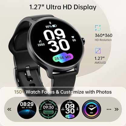 Smart Watch for Women Men, 1.27" AMOLED Screen Smartwatch with Answer/Make Call for iPhone/Android/Samsung, Fitness Tracker with 120+ Sport Modes, Heart Rate/Sleep Monitor, IP68 Waterproof, 2 Bands