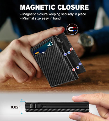 Wallet for Men,with Cash Pocket 2 ID Window 9-13 Cards,Metal Case Smart Slim Pop Up Credit Card Holder Flip with Magnetic Closure RFID Blocking Trifold wallet with Gift Box