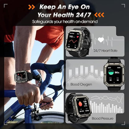Rgthuhu Military Smart Watches for Men (Answer/Make Call), 100M Waterproof Rugged Smart Watch for Android Phones and iPhone, 1.9" Outdoor Sports Fitness Tracker with Heart Rate, Sleep Monitor, Black