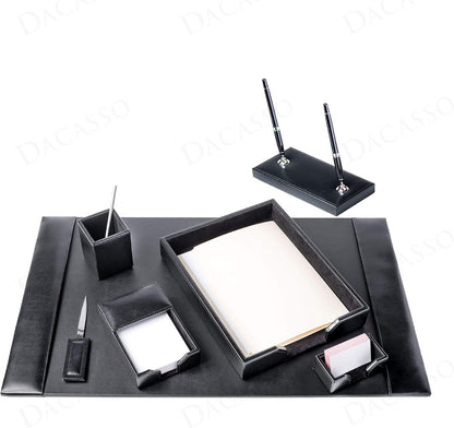 Dacasso Black Bonded Leather Luxury 7 Piece Desk Set - Blotter Pad & Desk Mat Organization Essentials - Executive Decor and Surface Protector