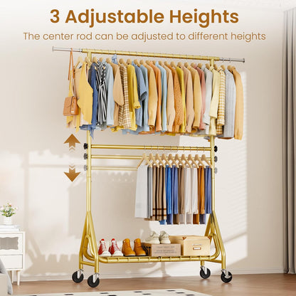 Double Rods Clothing Rack, Heavy Duty Clothes Rack for Hanging Clothes Load 560LBS, Metal Rolling Garment Racks with Wheels, Freestanding Clothes Hanging Racks, Gold