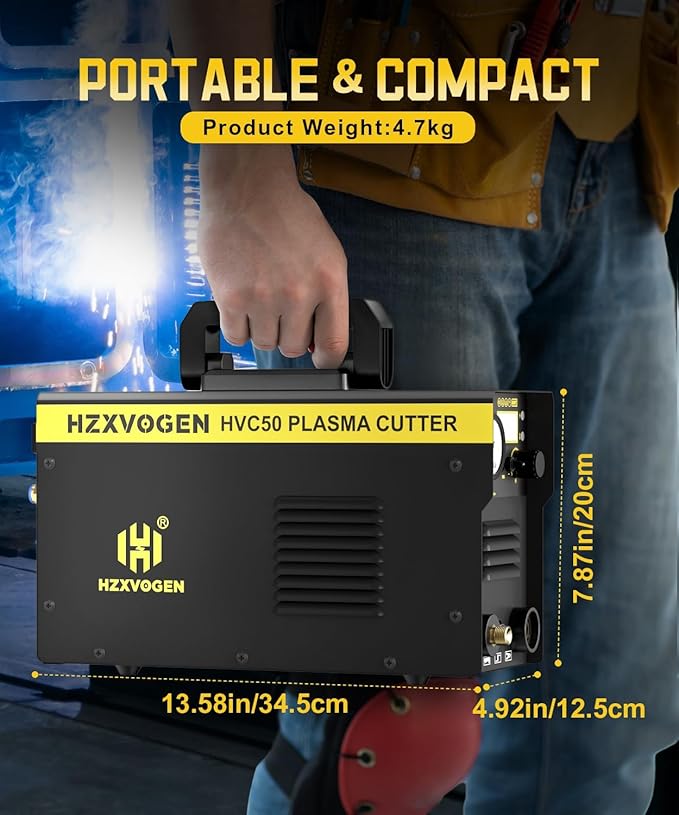 H HZXVOGEN Plasma Cutter, 50A Portable Plasma Cutter with Post Flow, 110/220V Dual Voltage Digital Display DC IGBT Inverter HF Air Plasma Cutting Machine, 1/3 inch Clean Cut for Beginners DIY(HVC50)