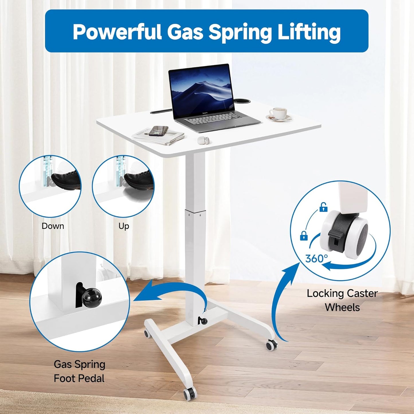 Rolling Laptop Desk Adjustable Height(29.5”- 43.7”)，Mobile Workstation Cart with 31.5" x 22.1"Desktop, Standing Desk Mobile Portable PC Table for Home,Office or Classroom in White