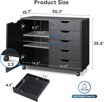 DEVAISE 5-Drawer Wood Dresser Chest with Door, Mobile Storage Cabinet, Printer Stand for Home Office, Black