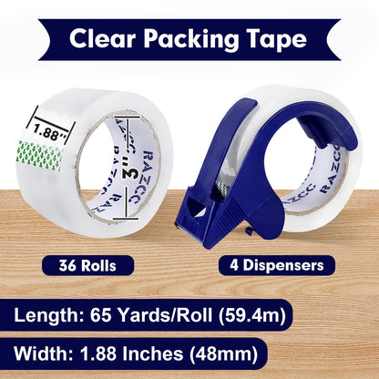 Packing Tape, 36 Rolls Clear Heavy Duty Packaging Tape with Dispensers for Packing Shipping Moving Mailing, Thicker Sealing Tape - 1.88" x 65 Yard Per Roll, 2340 Total Yards