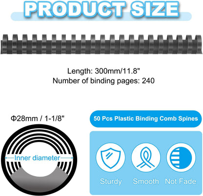 PATIKIL 28mm (1-1/8") Plastic Binding Combs, 50 Pcs 21 Rings Comb Binding Spines 240 Sheet Capacity Letter Size for Binding Paper Sheets Notebook Calendar Picture Album, Black