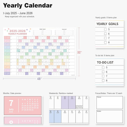 Ospelelf Wall Calendar 2025-2026 Large 32'' x 48'' Dry Erase Calendar for Wall, 12 Month Laminated Calendar for Classroom, Family, Use July 2025 - June 2026 (Multicolor)