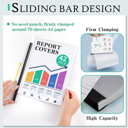 42 Pack Report Covers, COIDEA Report Covers with Sliding Bar, Presentation Folders for A4 and Letter Size Paper, Clear Report Covers Binder Bulk for School Business, 70 Sheet Capacity