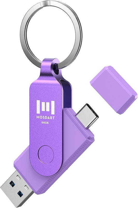 MOSDART 64GB USB3.1 Fast Speed C and A Dual Flash Drive, exFAT Memory Stick with Keychain and LED Indicator, for iPhone 15,16,17, Android Phone, iPad, MacBook, and Other Laptops, Purple