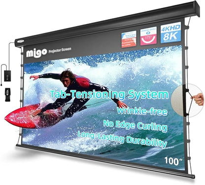 MIGO 100 Inch Projector Screen Tab-Tension,Motorized Projector Screen Pull Down with 4K HD Partial Ambient Light Remote,Wall Mount Ceiling Mount Automatic Movie Screen for Home Theater(Black Housing)