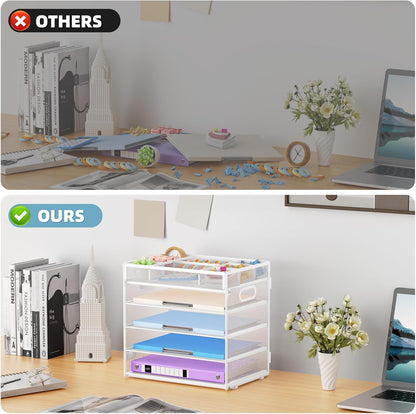 Marbrasse 5-Tier Letter Tray Paper Organizer with Handle, Multi-Functional Mesh File Organizer for Desk, Adjustable Compartments Mesh Desktop Storage for Office Supplies,White