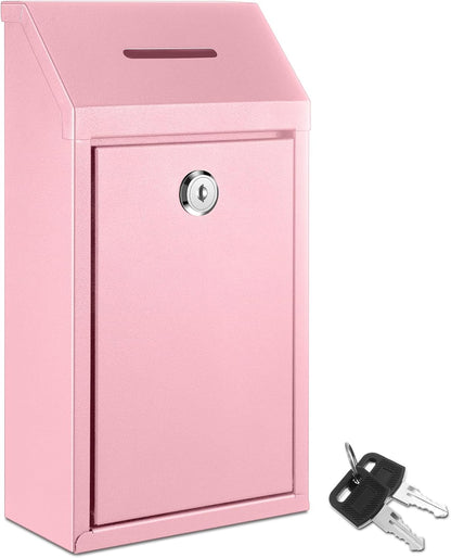 Metal Donation Cash Box Collection Safe Suggestion Box with Lock Wall Mounted Mailbox Delivery Ballot Container for Home Office Outdoor Door(Pink)