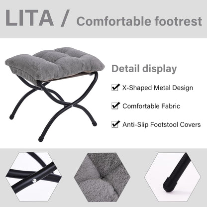 LITA Folding Upholstered Footrest Stool, Modern Small Portable Accent Ottoman with Detachable Thick Cotton Cushion Padded Sofa Stool with Metal Frame for Lazy Chair, Living Room & Bedroom, Plush Grey