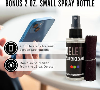 Delete Screen Cleaner Spray Kit, 2 Pack, 16oz and 2oz Bottle and 12"x12" Microfiber Cleaning Cloth, Streak-Free, Safe and Gentle Formula, Multi-Purpose for TVs, Computers, Monitors, Smart Phones