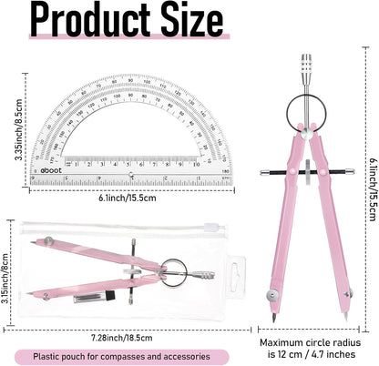 EBOOT Student Geometry Math Set, Drawing Compass and 6 Inch Clear Swing Arm Protractors 180 Degree Math Protractor (Pink)