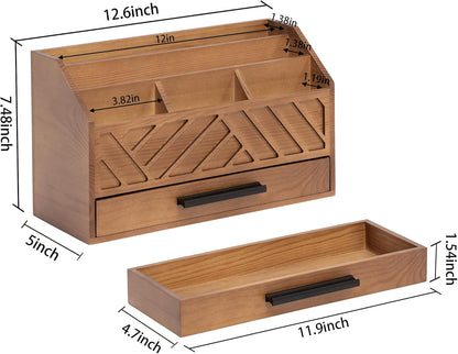 Brown Wood Desk Organizer and Accessories with Drawer, Bill Mail Organizer and File Mail Holder for Office Supplies, Modern Desk Accessories & Workspace Organizers for Desk Organization