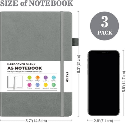 Blank Journal Notebook, 3 Pack A5 Sketch Book, Hardcvoer Sketchbook for Drawing with 100GSM Thick Paper, Leather Journal for Writing, Unlined Journal for Women, Men, School, 160 Pages, 5.7" x 8.4"