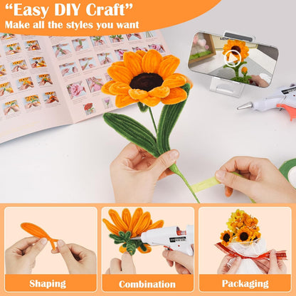 500 PCS Pipe Cleaners Craft Kit for Flower Making Sunflower DIY Material Bundle with 20 Stems, 100 Stamens, Ribbon, Tulle, Glue Sticks & Step-by-Step Guide Vibrant Colors, Non Shedding, FadeResistant