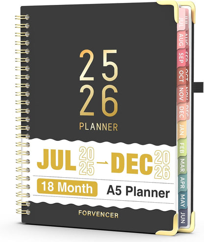 Jul 2025 - Dec 2026 Planner, Forvencer Academic Planner 2025-2026, 18 Month Daily Planner, 6" x 8", Weekly & Monthly Agenda Book, Hardcover Calendar Book, School Supplies for Student Teacher, Black