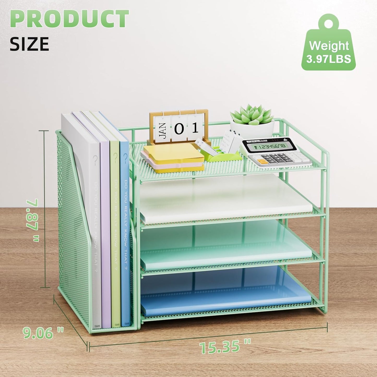 Marbrasse Desk Organizer and Accessories，4-Tier Paper Letter Tray Organizer with File Holder，Desk Accessories & Workspace Desktop Organizers for School Home Office Supplies (Green)