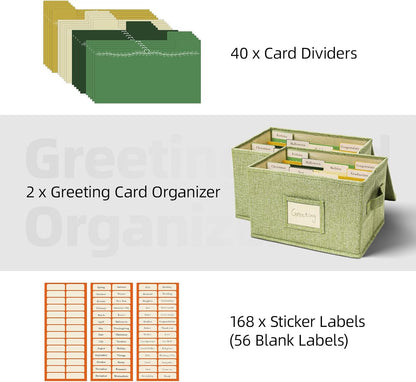 Vienrose Greeting Card Organizer Storage Box with 20 Removable Dividers, 84 Self-stick Labels, Perfect for Photos, Envelopes, Scrapbooking, Paper, Stickers Holder 2 Pack Grass Green