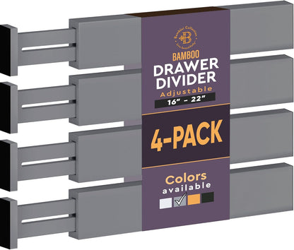 4 Pack Drawer Dividers Bamboo 2.6" High, 16-22" Adjustable Drawer Organizers for Clothes, Expandable Dresser Separators in Bedroom/Bathroom/Kitchen/Office Organization and Storage (Grey)