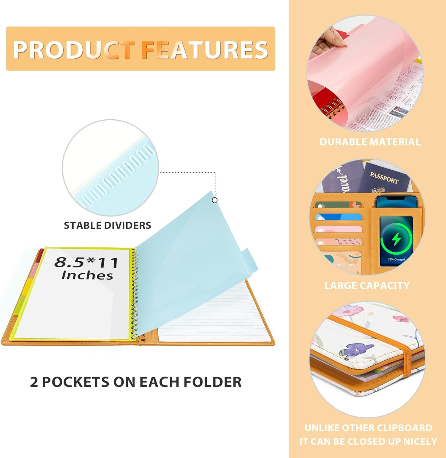 Clipboard with Storage for Men Women, Leather Padfolio Portfolio Organizer 5 Folders with 10 Pockets, Spiral Clipboard Folio with Notepad for Letter Size, Elastic Closure and Pen Loop Flowers