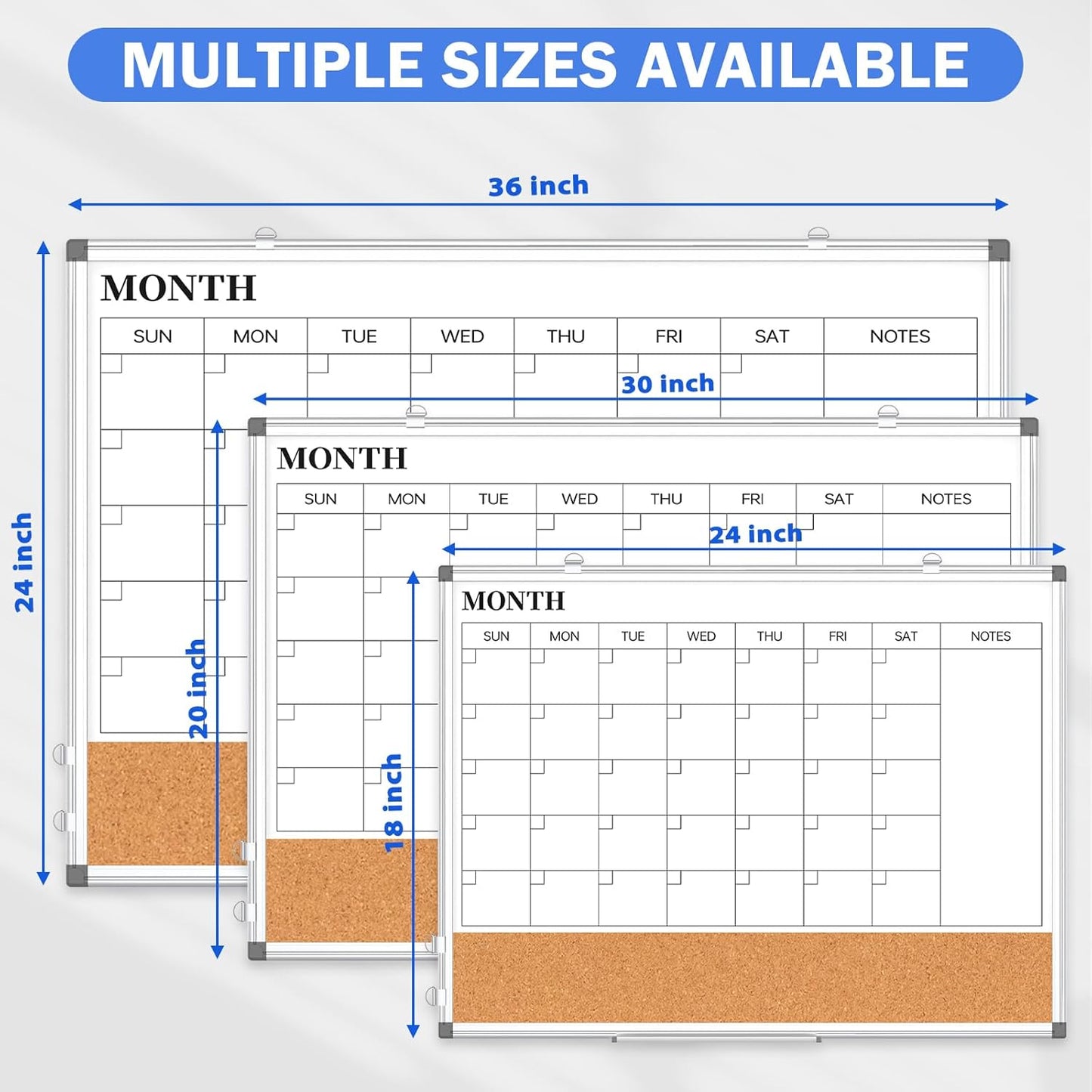 Monthly Calendar Whiteboard Dry Erase Cork Board Combo for Wall, 36" x 24" Magnetic Double-Sided Calendar White Board and Bulletin Board, Portable Board for Office, Kitchen, School, Home