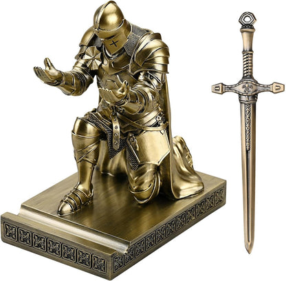 Medieval Armored Warrior Wearing Outerwear, Mobile Phone Stand Knight Pen Holder Desk Organizers, Resin Bookends Paperweight with a Letter Opener for Desk (Bronze)