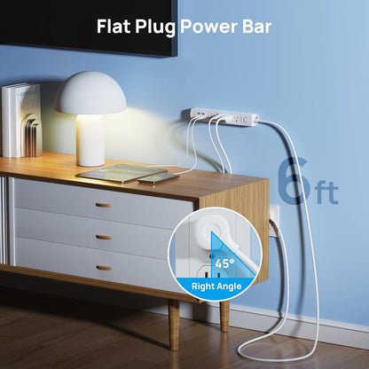 TROND Surge Protector Power Strip with USB, Ultra Thin Flat Plug 6ft Extension Cord 1625W, 3 USB A & 1 Type C, 4 AC Outlets 1440J Surge Protection ETL Listed, Wall Mount for Home Office Dorm, White