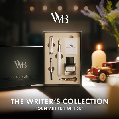 Wordsworth & Black Fountain Pen Set,18K Gilded Medium & Extra Fine Nib,25ML Black Ink Bottle,6 Ink Cartridges,Refill Converter,Gift Box,Smooth Writing Pen [White Rose Gold],Gift Set for Men and Women