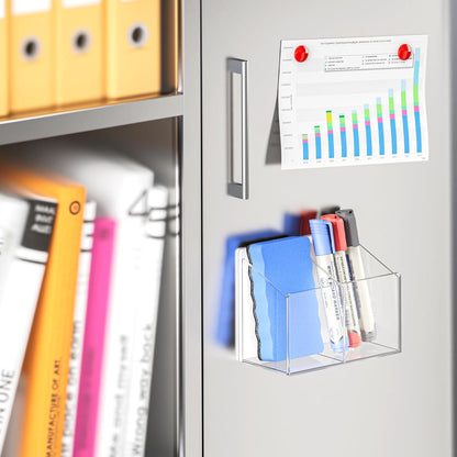 MaxGear Magnetic Marker Holder, Clear Acrylic Pen Organizer with 2 Compartments for Fridge, Locker, Whiteboard & Wall Pencil Cup - Includes Screws for Dry Erase Board Accessories