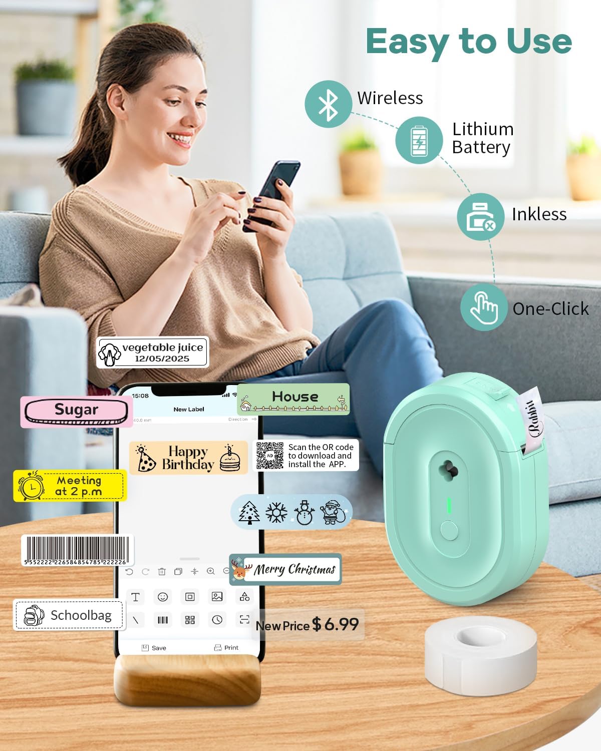 Label Maker Machine with Tape, N12 Portable Bluetooth Label Printer, Wireless Mini Label Makers Thermal Sticker with Multiple Templates for Home, Kitchen, School, Office Organization, Green