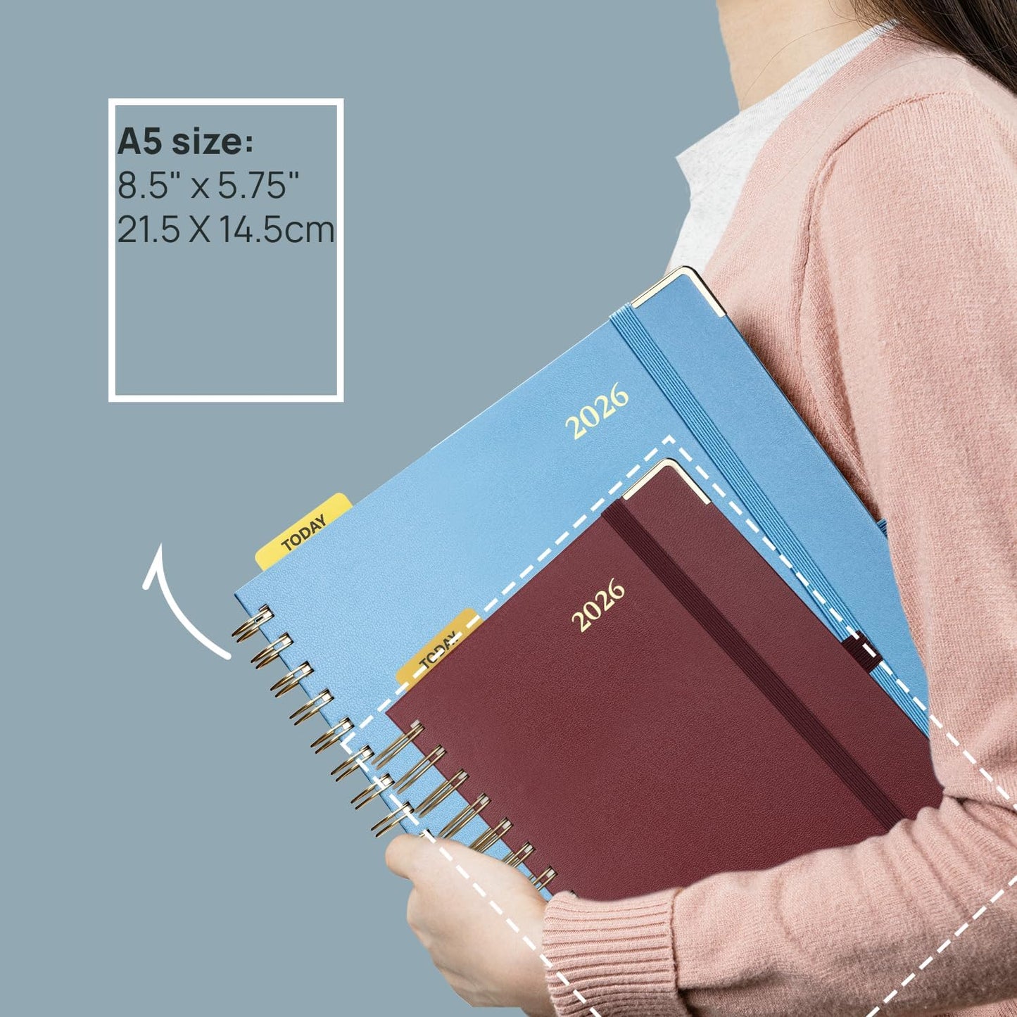 POPRUN 2026 Daily Planner One Page A Day - [8.5" x 5.75" Wire-Bound Hard Cover] Agenda 2026 Hourly Appointment Book with Monthly Calendar, Inner Pocket, Ivory Paper - Light Pink