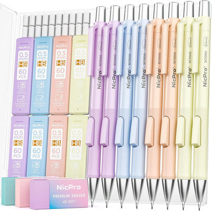 Nicpro 8 Pack Pastel Mechanical Pencil 0.5mm, Cute Fast Click Mechanical Pencils Set with 480PCS HB Lead Refills, 3 Erasers with Case, Aesthetic School Supplies for Writing Drawing Sketching