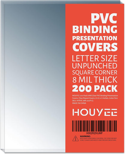 HOUYEE 200 Pack 8 Mil PVC Binding Presentation Covers, Clear Report Covers for Binding, 8-1/2 x 11 Inches, Letter Size