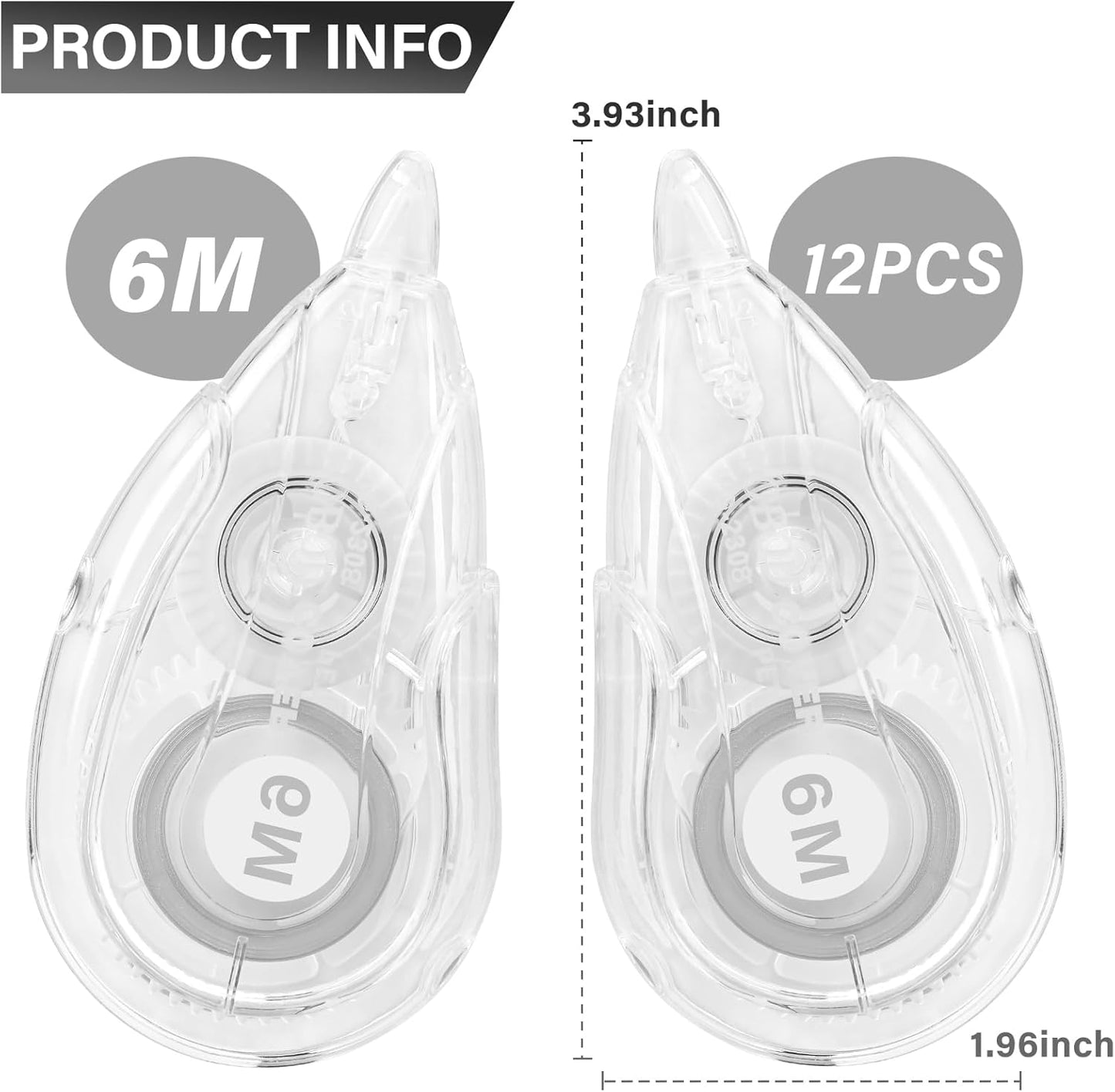 White Correction Tape Dispenser, Easy To Use Applicator for Instant Corrections, For school, Office (12pack, 6M/256, Tape Width 0.2in)