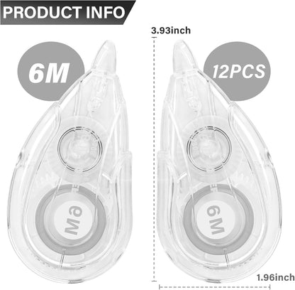 White Correction Tape Dispenser, Easy To Use Applicator for Instant Corrections, For school, Office (12pack, 6M/256, Tape Width 0.2in)