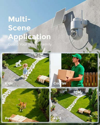 Devo Solar Security Camera Wireless Outdoor, 2.3K HD 360° PTZ Color Night Vision, AI/PIR Human Detection, 2-Way Audio, Solar & Battery Powered, WiFi 6, IP66 Waterproof, Triple Alert System White