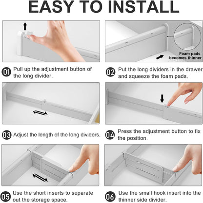 HiYZ Expandable Drawer Dividers with Inserts - Adjustable Drawer Organizers Separators for Kitchen, Bedroom, Dresser, Office, 3 Long Dividers(12.6-22.8 IN) with 6 Inserts(3.9-7.1 IN) - Gray