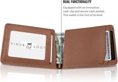 Kings Loot Wallet for Men | Minimalist Slim RFID Blocking Leather Design with Cash Pocket & Card Pull Strap | Holds 1-15 Cards | Stylish & Durable Wallets (Bourbon)